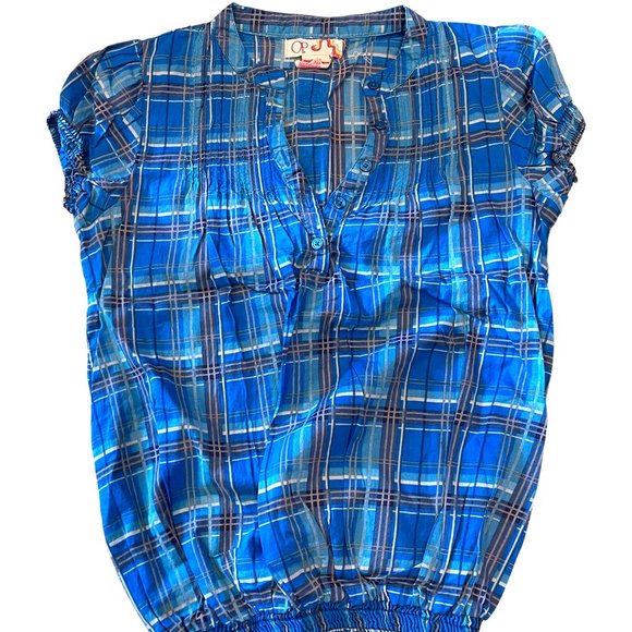 OP Tops - Op Blue Plaid Vintage Short Sleeve Top - Small Junior Size - Like New Condition